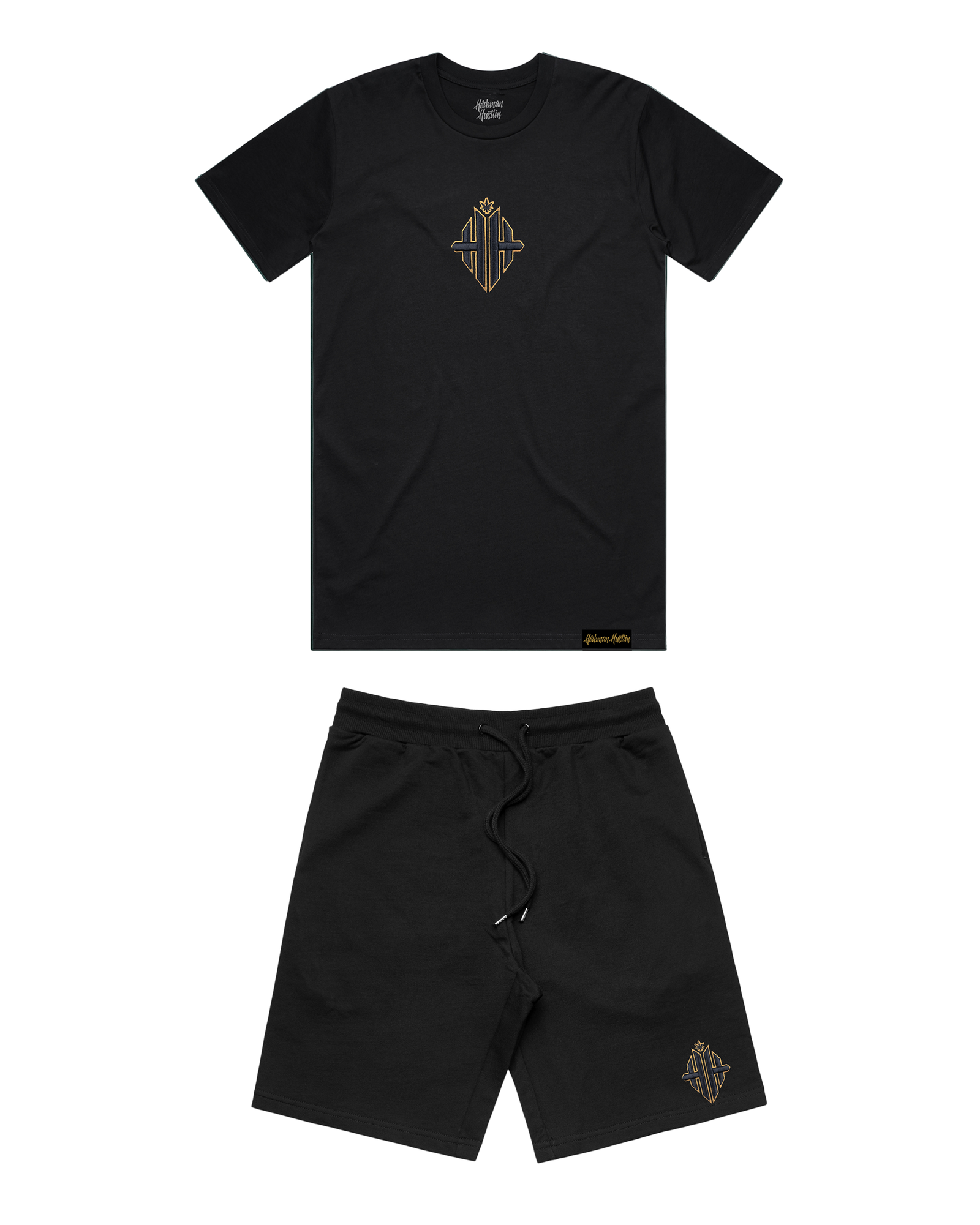 24k Embroidered Monogram Shorts Set - Black/Gold