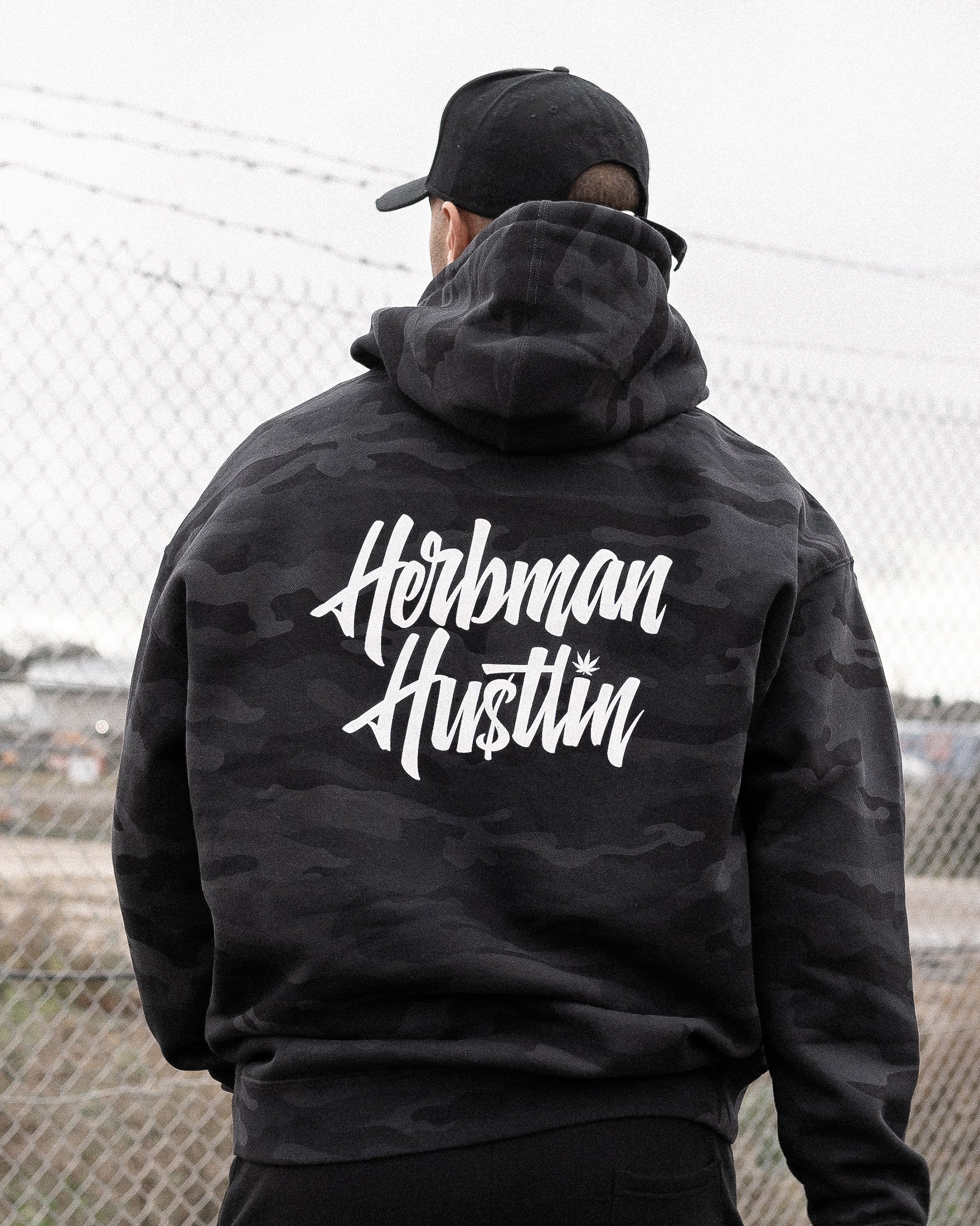 Herbman Hustlin Script Heavyweight Hoodie - Black Camo/White