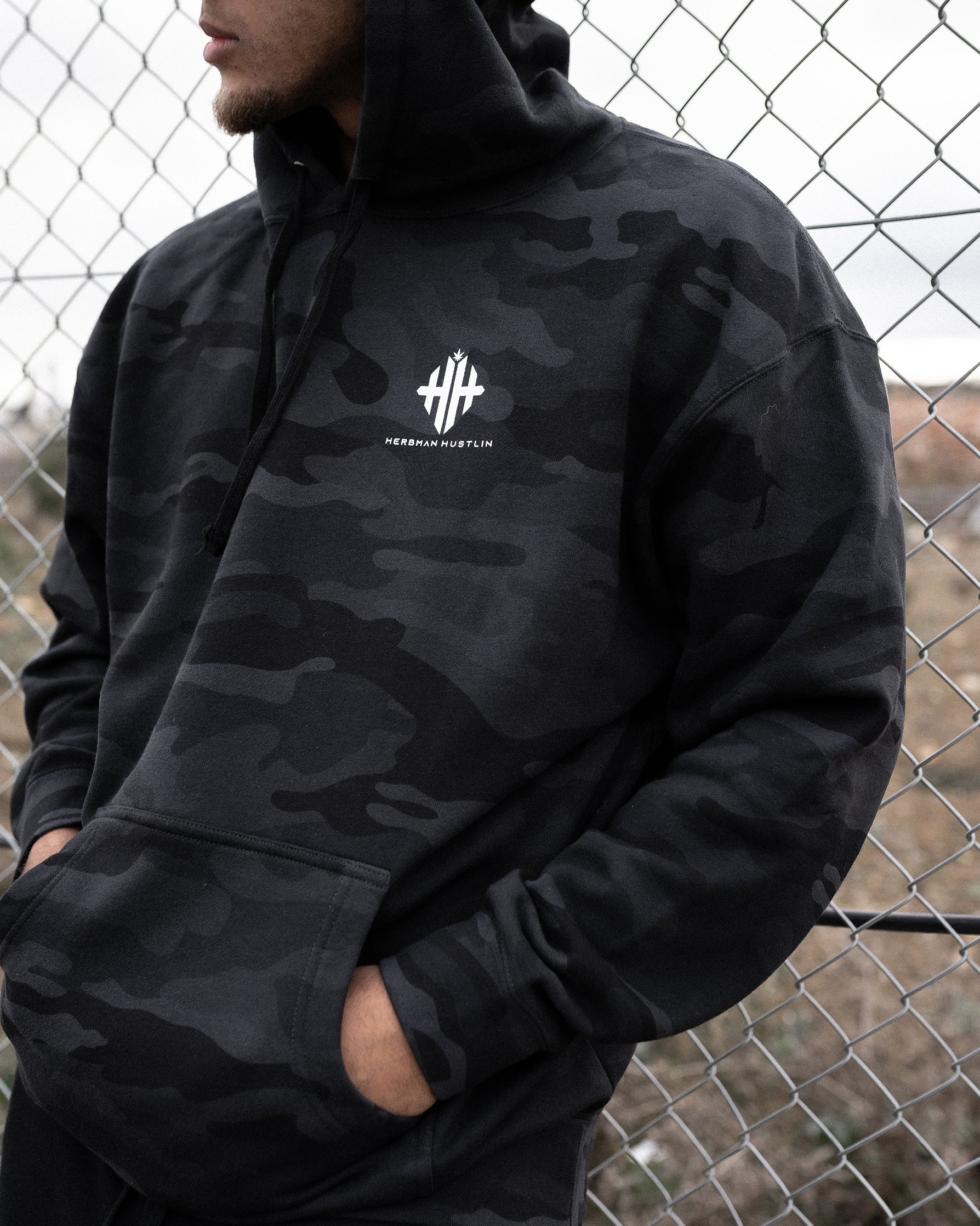 Herbman Hustlin Script Heavyweight Hoodie - Black Camo/White