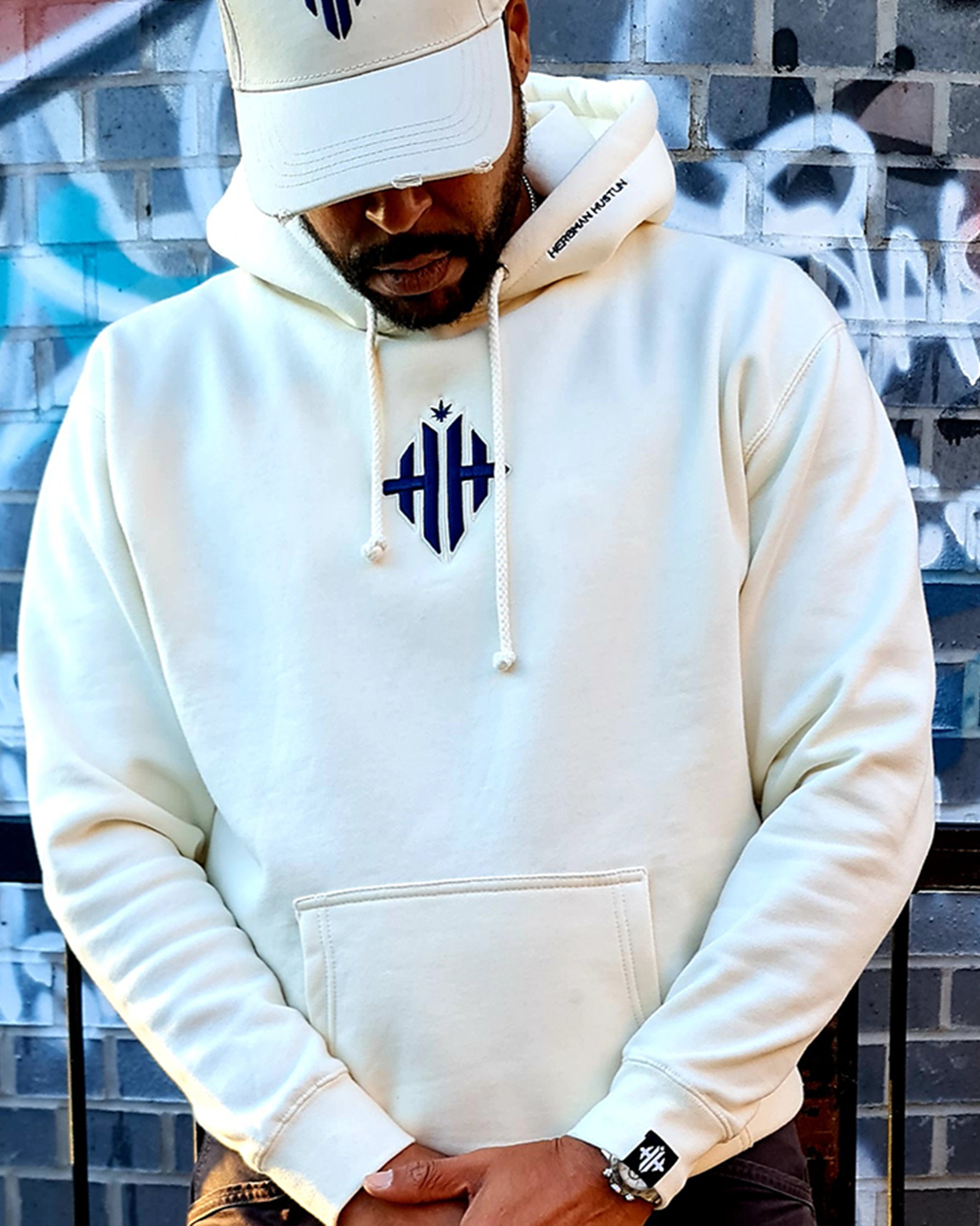 Herbman Hustlin Monogram Embroidered Hoodie Cream Navy