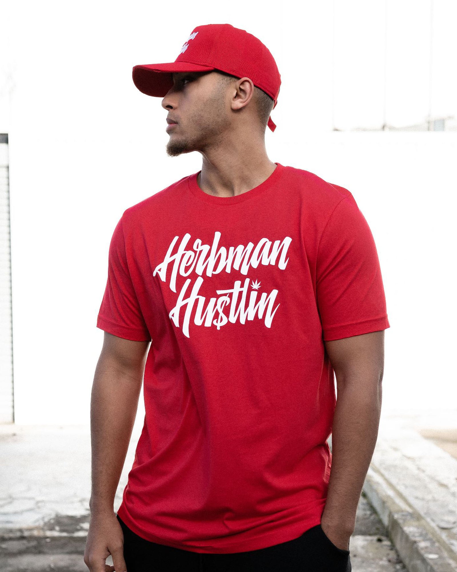 Herbman Hustlin Script Front Print Tee - Red/White T Shirt 
