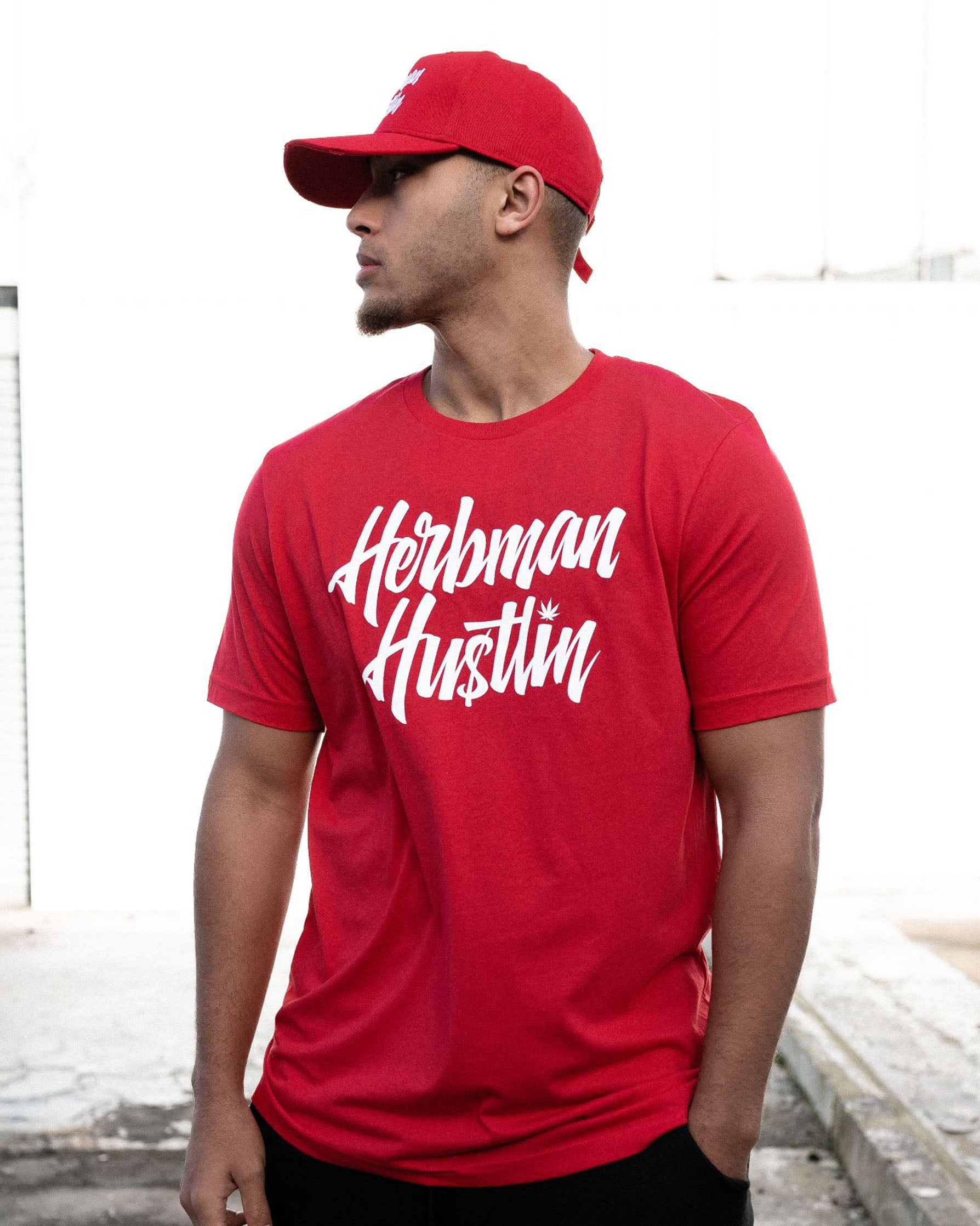 Herbman Hustlin Script Front Print Tee - Red/White T Shirt 