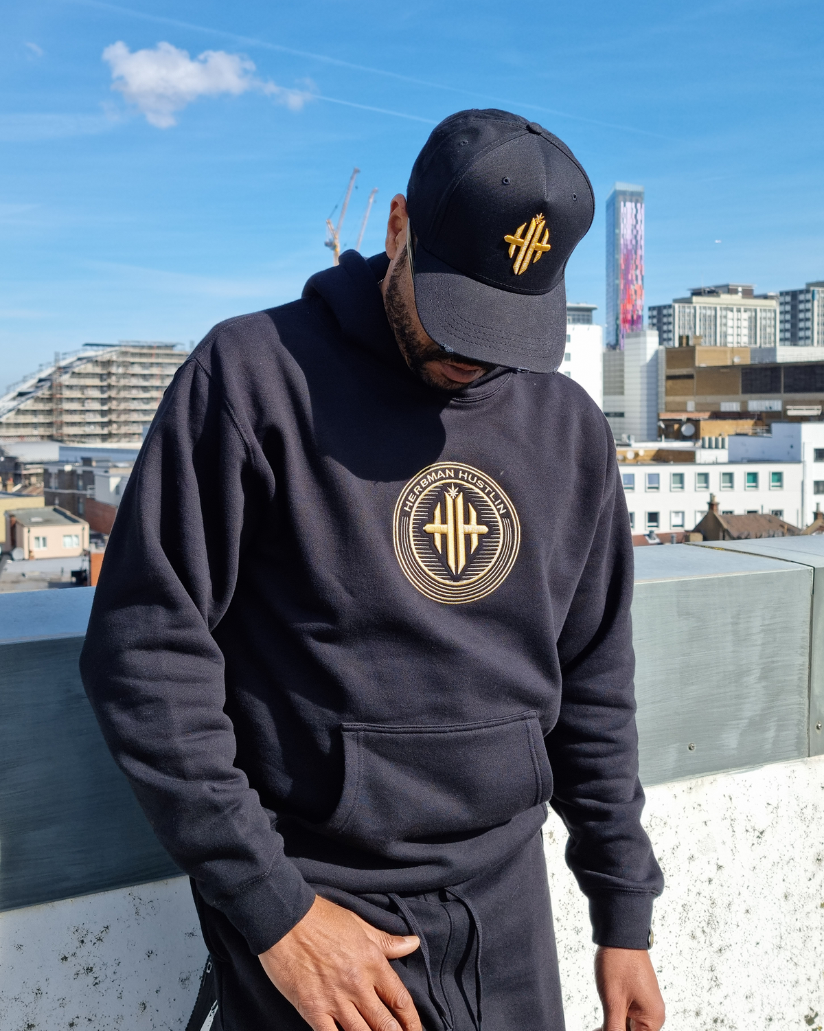 Herbman Hustlin Gold Emblem Heavyweight Monogram Hoodie - Black/Gold