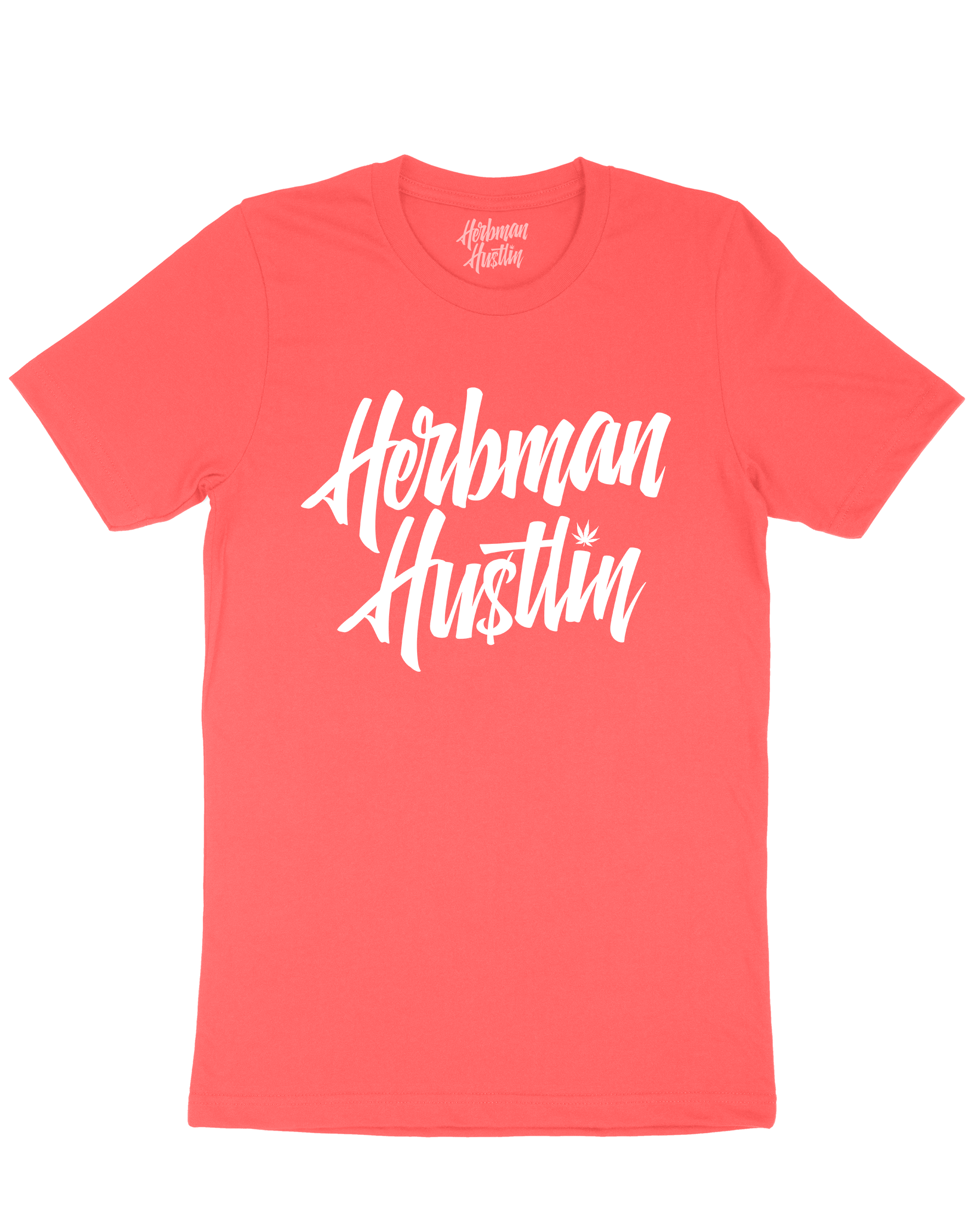 Herbman Hustlin Script Front Print Tee - Coral/White