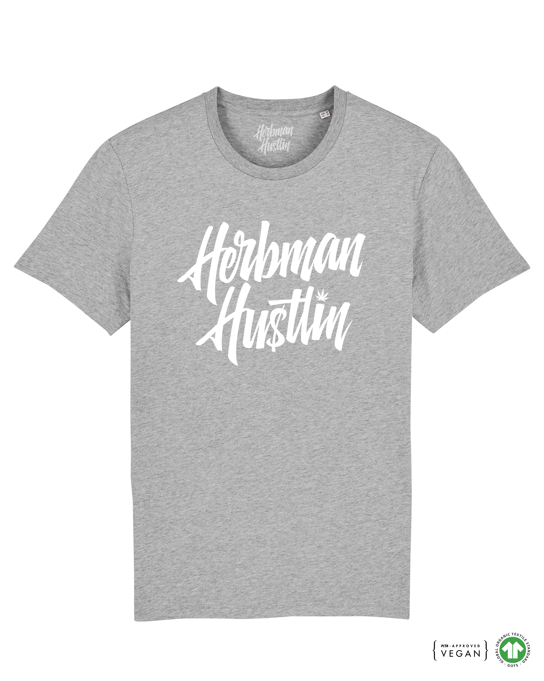 Herbman Hustlin Script Front Print Organic Tee - Grey/White