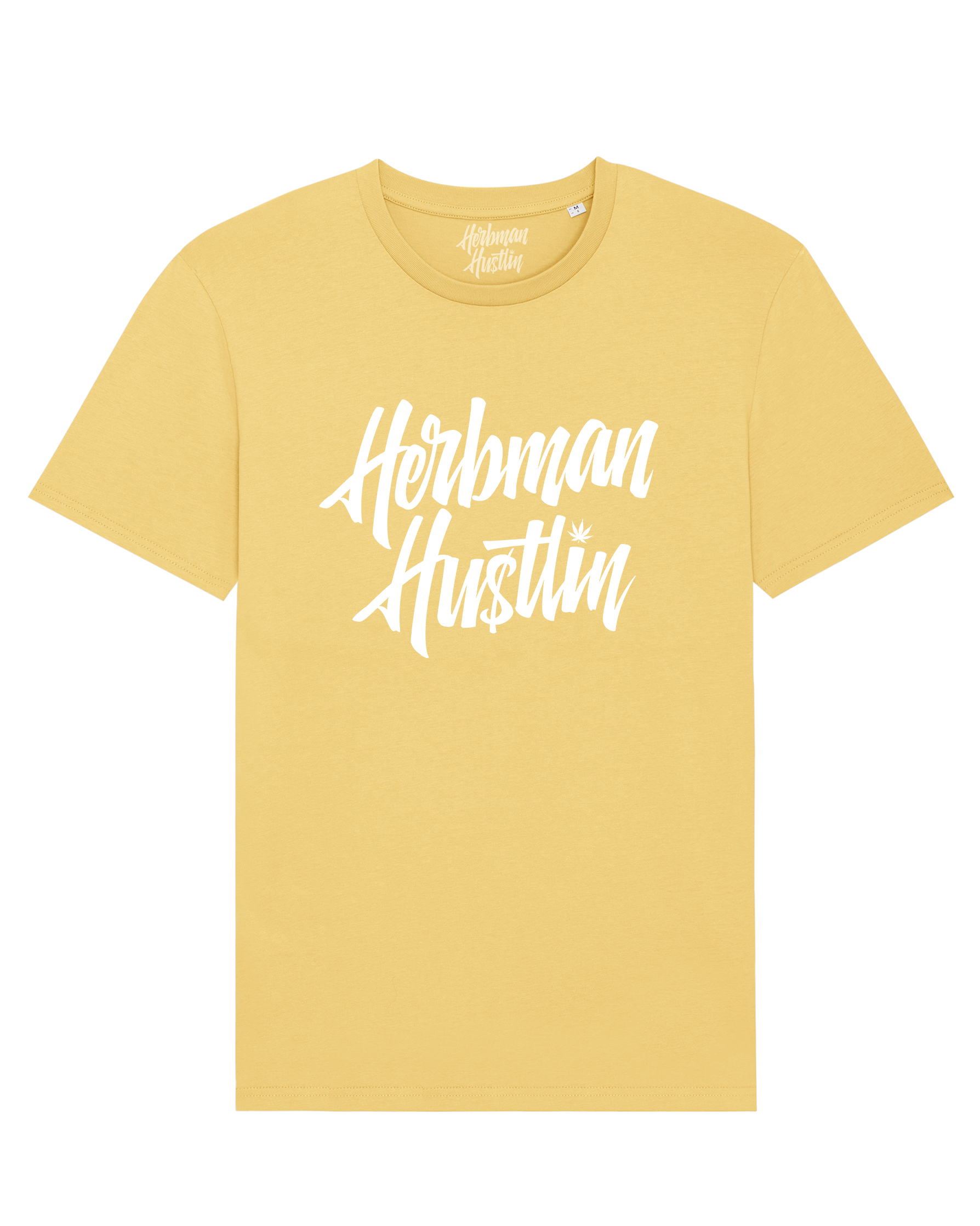 Herbman Hustlin Script Front Print Organic Tee - Mellow Yellow/White