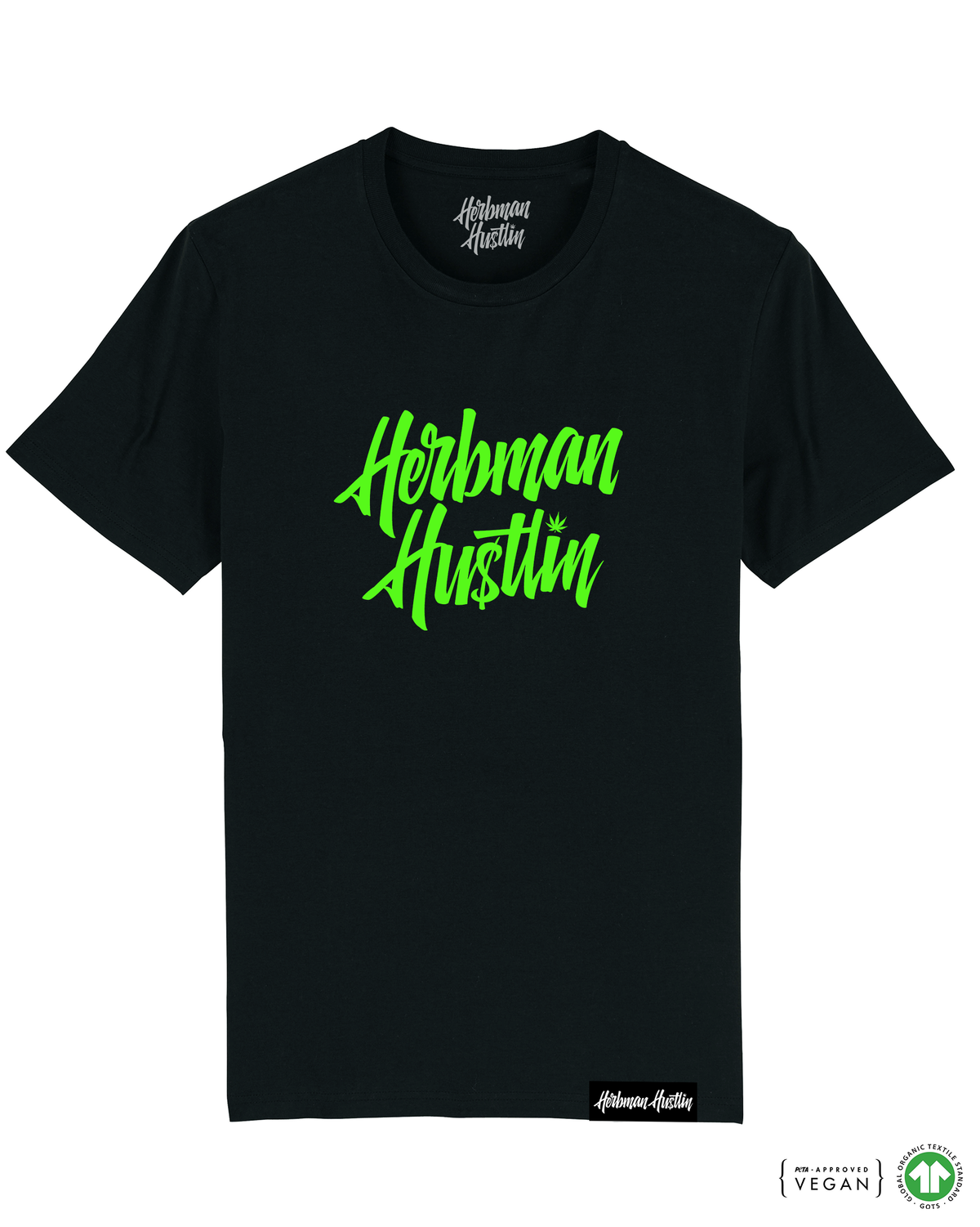Herbman Hustlin Script Front Print Organic Tee - Black/Glow In The Dark