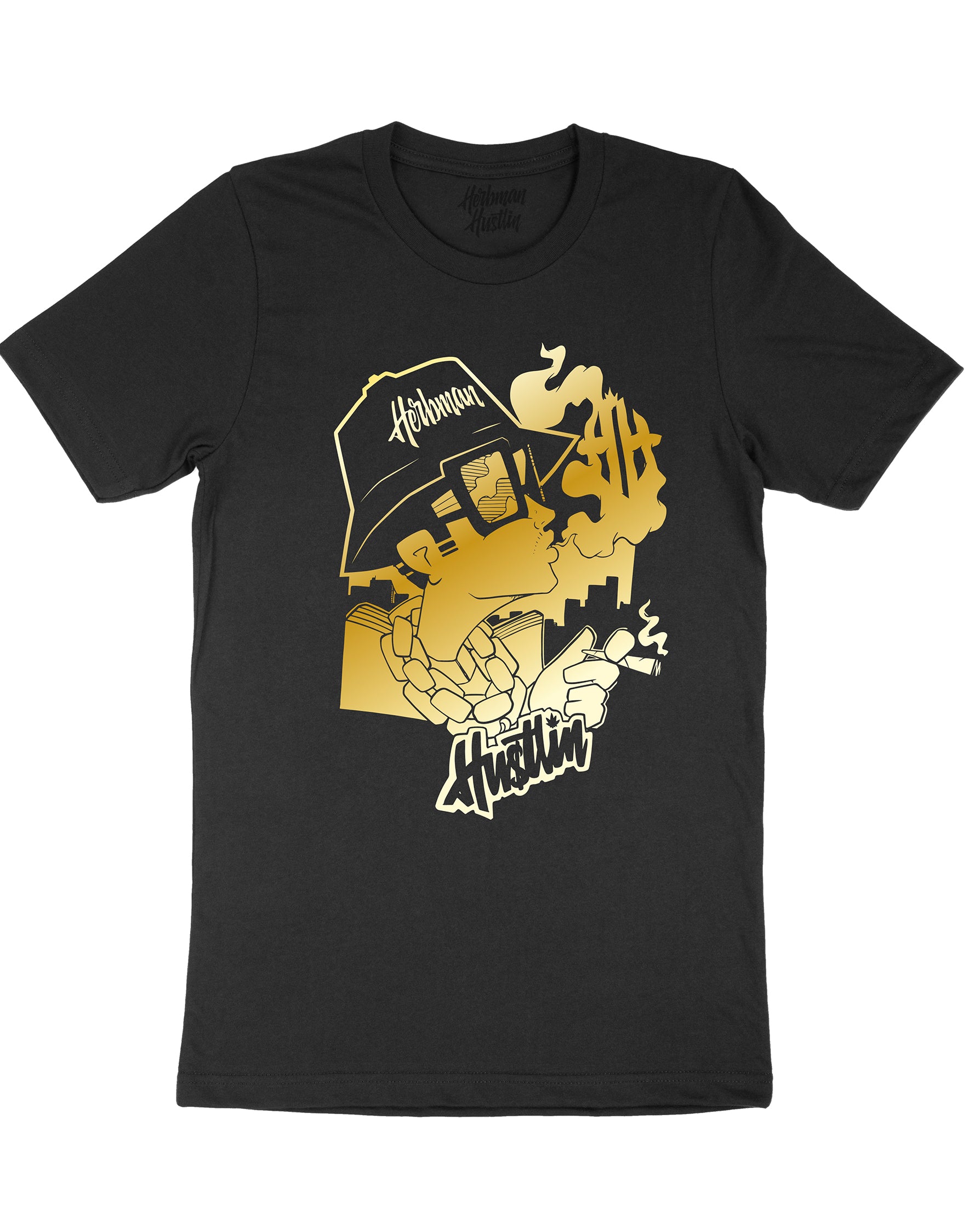 Herbman Hustlin B-Boy Front Print Tee - Black/Gold - Front