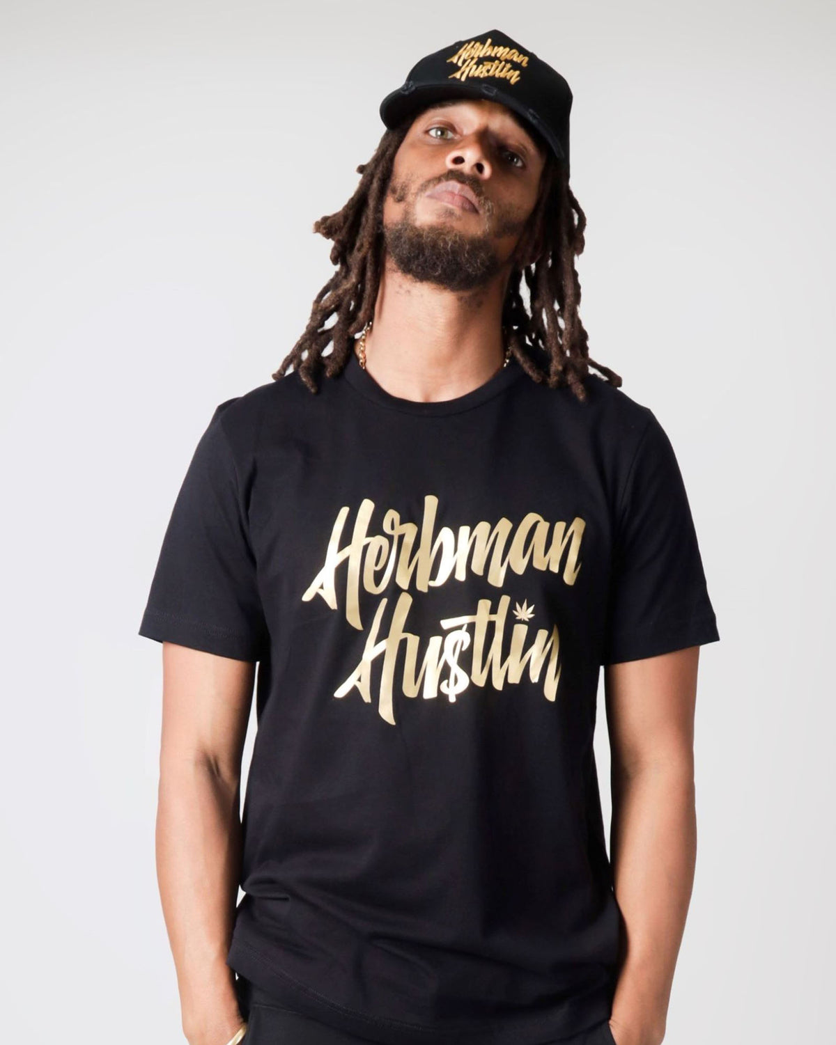 Herbman Hustlin Script Front Print Tee - Black/Gold - Front