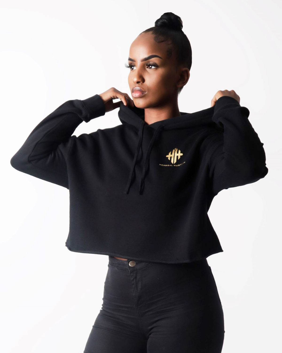 Herbgal Hustlin Monogram Cropped Hoodie - Black/Gold - Front