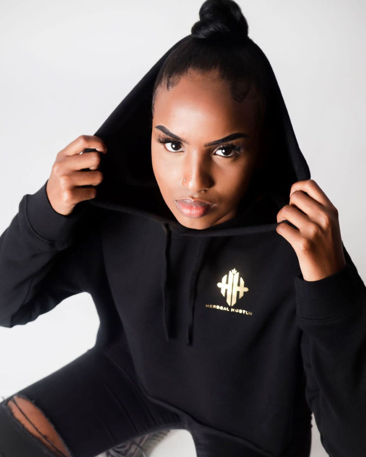 Herbgal Hustlin Monogram Cropped Hoodie - Black/Gold
