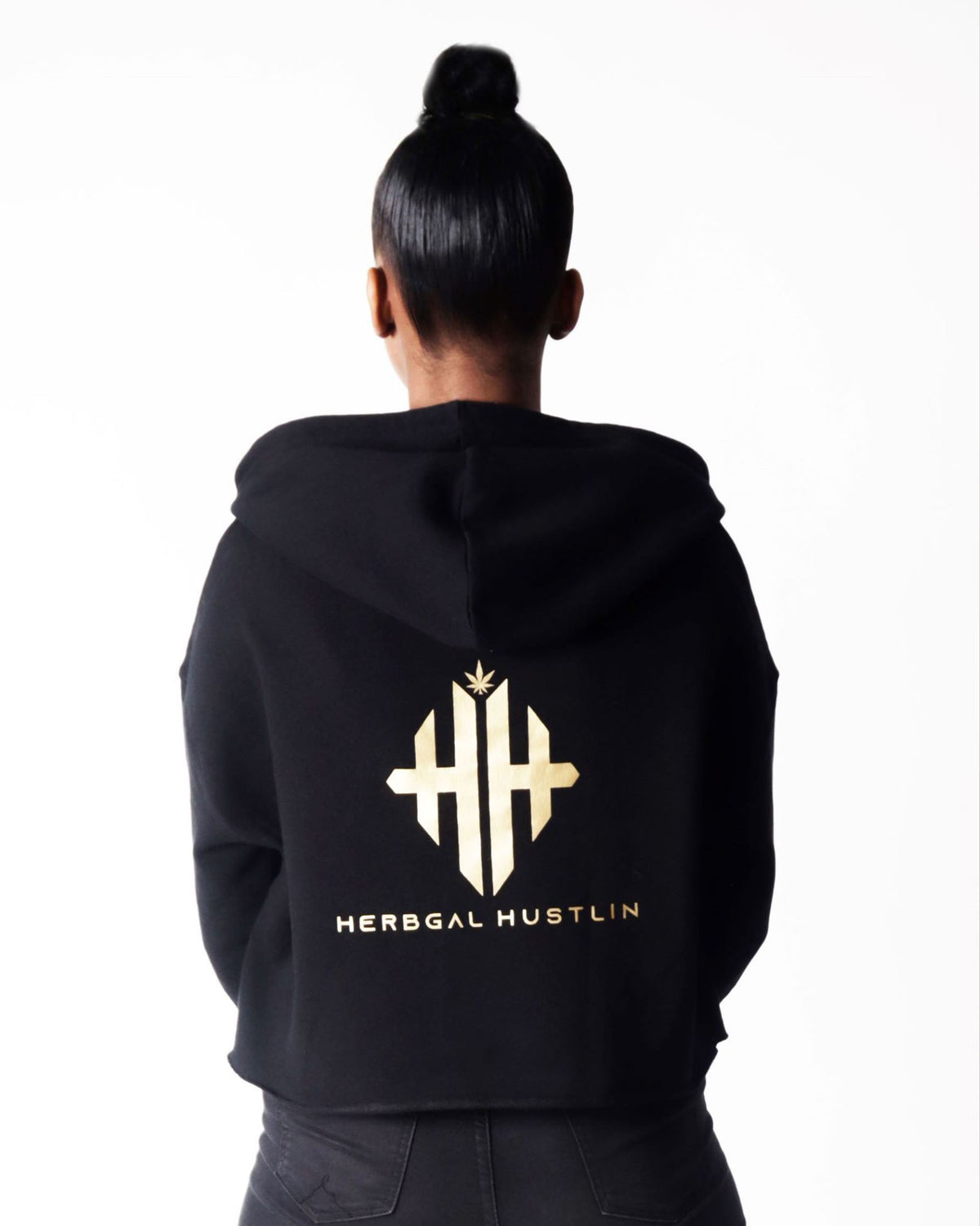 Herbgal Hustlin Monogram Cropped Hoodie - Black/Gold - Back