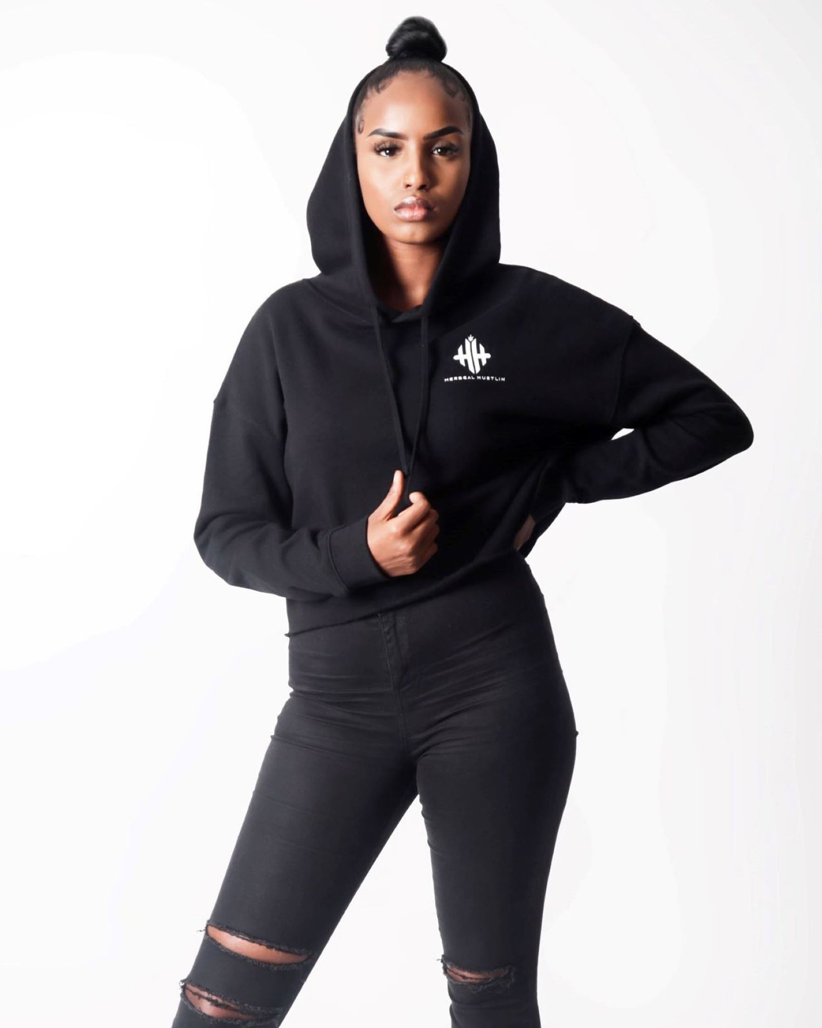 Herbgal Hustlin Monogram Cropped Hoodie - Black/White - Front