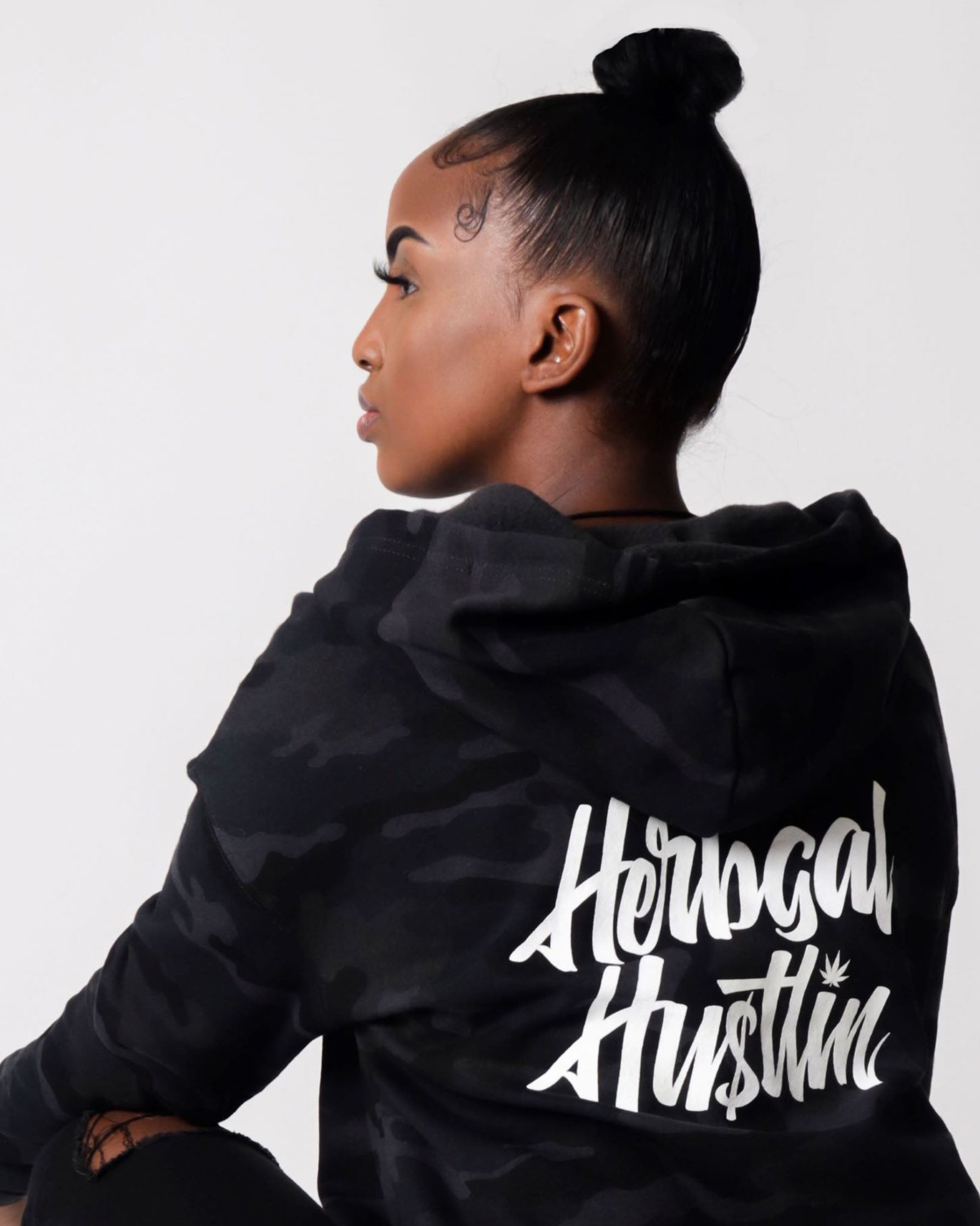 Herbgal Hustlin Script Cropped Hoodie - Black Camo/White