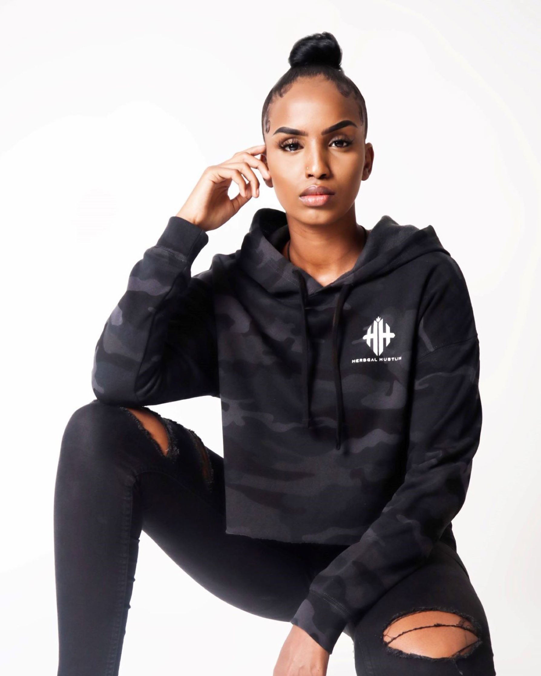 Herbgal Hustlin Script Cropped Hoodie - Black Camo/White