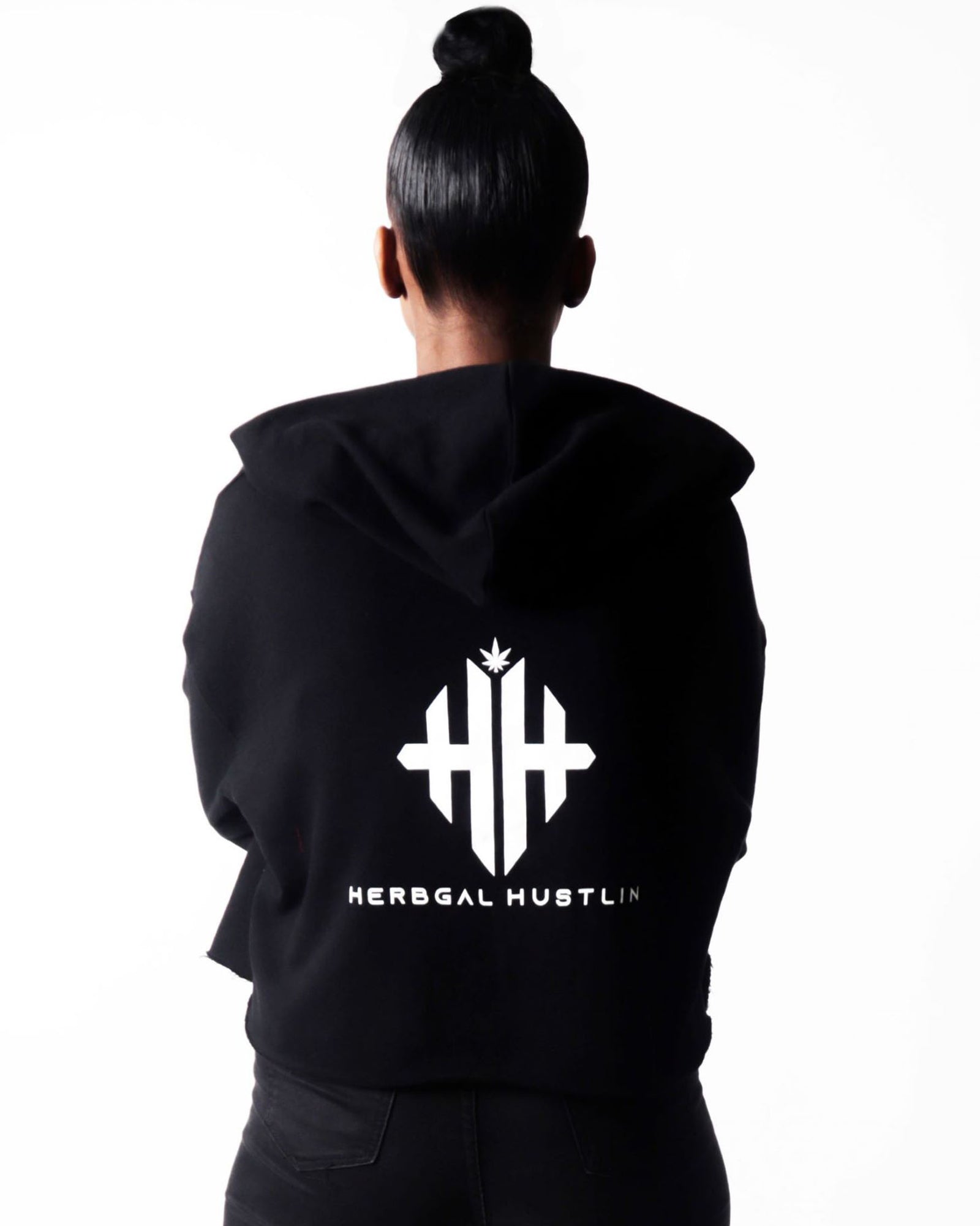 Herbgal Hustlin Monogram Cropped Hoodie - Black/White - Front