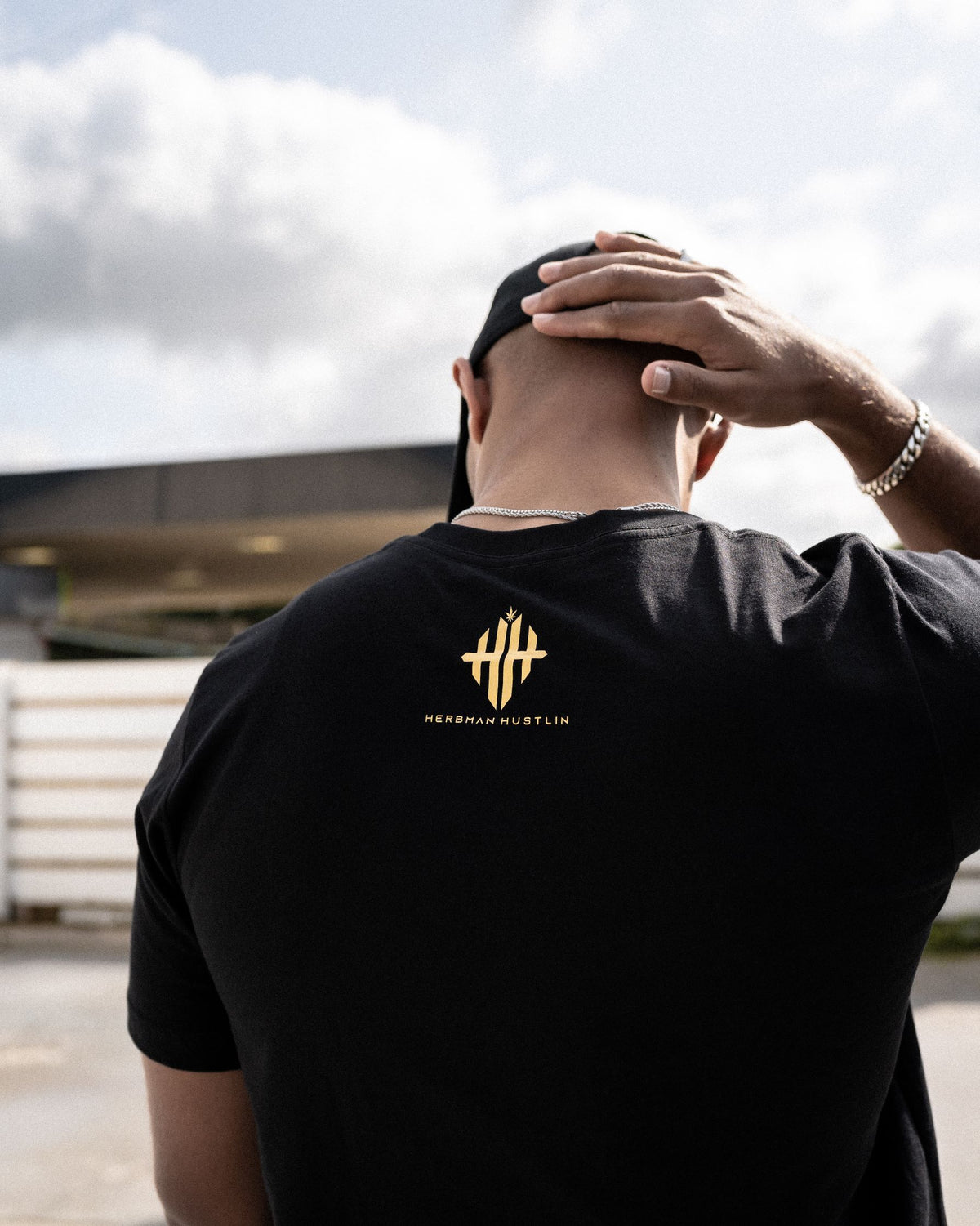 Herbman Hustlin Script Front Print Tee - Black/Gold - Back