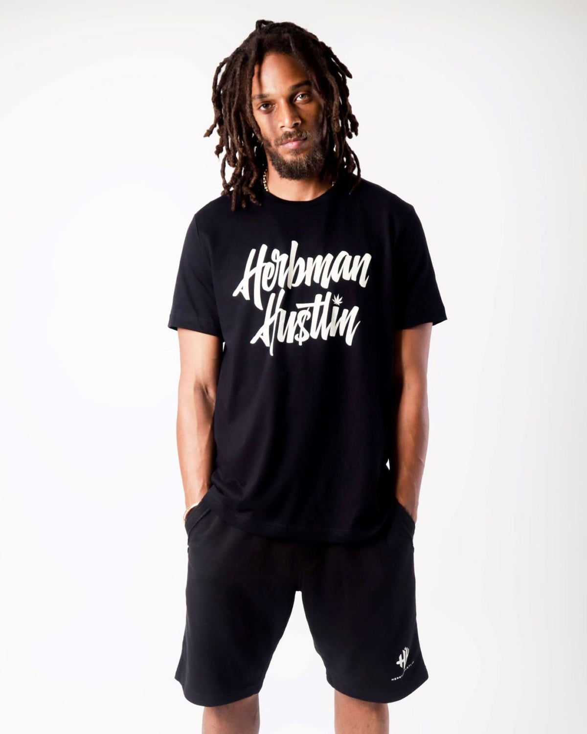 Herbman Hustlin Script Front Print Tee - Black/White - Front